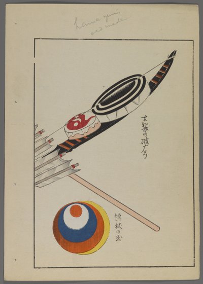 Japanische Spielzeuge, aus Unai no tomo (Ein Kinderfreund) von Shimizu Seifu, 1891-1923. Bogen, Pfeile und Zielscheibe. von Shimizu Seifu